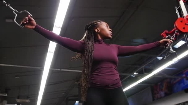 Entraînement sportif - femme noire s'entraîne les mains en tirant les supports attachés au poids - Séquence, vidéo