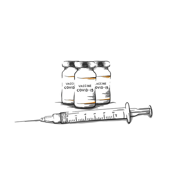 Covid-19 Butelki z lekiem przeciw koronawirusowi, koncepcja rysunku wektora strzykawki. Koncepcja szczepień. Ręcznie rysowane butelki szczepionki i strzykawka do wstrzykiwań izolowane - Wektor, obraz