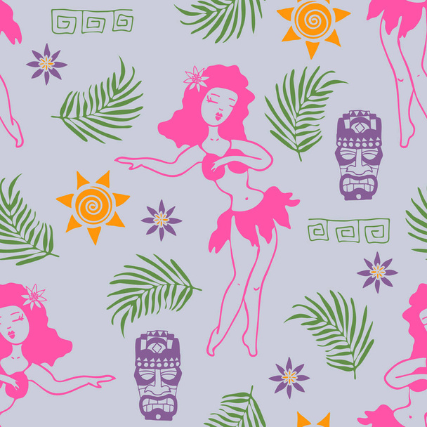 Nahtloses Vektormuster mit Hula-Mädchen auf blauem Hintergrund. Schöne Sommer Urlaub Tapete Design. Modetextilien aus tropischen Hawaii. - Vektor, Bild