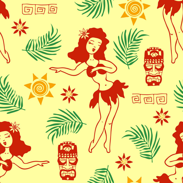 Безшовний векторний візерунок з гавайською танцювальною дівчиною на жовтому тлі. Тропічні святкові шпалери з пальмою. Щасливого літнього раю..  - Вектор, зображення