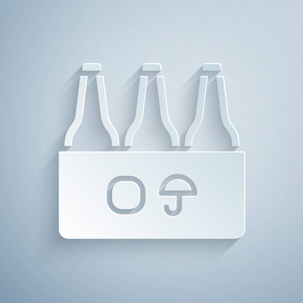 Паперовий виріз Пакет пивних пляшок ізольовано на сірому фоні. Ящик для ящика для пива. Стиль паперового мистецтва. Векторні
 - Вектор, зображення