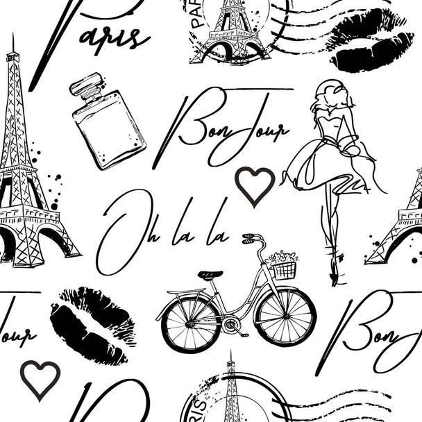 Patrón sin costuras de moda. Bonjour Paris. patrón con fuentes caligráficas originales, boceto Torre Eiffel y corazón. para ropa de moda, camiseta, niño, papel de regalo. Diseño creativo femenino  - Vector, imagen