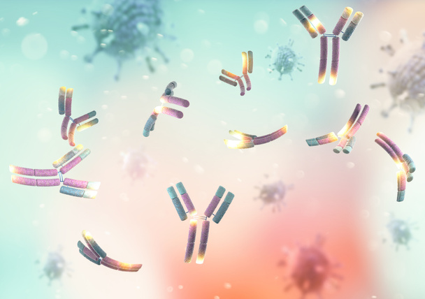 Моноклональные антитела (mAb или moAb) - это антитела, созданные путем клонирования уникальных белых кровяных телец. Все последующие антитела, полученные таким образом, ведут к уникальной родительской клетке. Коронавирус. 3D рендеринг - Фото, изображение