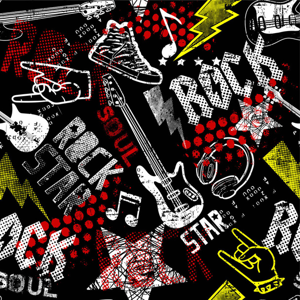 ロックスター。ギター付きのグランジロック音楽パターン。織物、包装紙、プリントなどのクールな背景. - ベクター画像