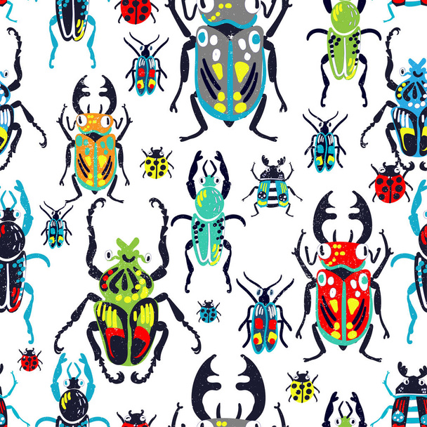 Von Hand gezeichnetes cooles, nahtloses Muster mit hellen Käfern. Jungen Hintergrund für Kleidung, Textilien, Drucke, Geschenkpapier, Karten - Vektor, Bild