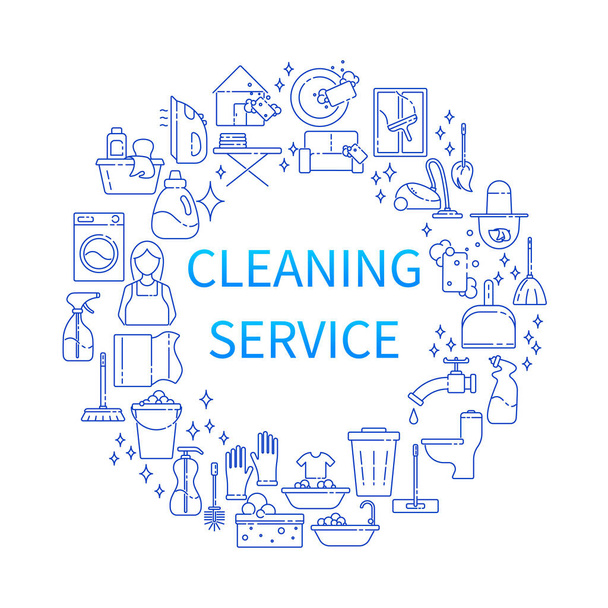 Σπίτι καθαρισμού γραμμή υπηρεσία τέχνης σύνολο εικονίδιο. Διανυσματική απεικόνιση των επίπεδων σημάτων σε λεπτή γραμμή στυλ. Έννοια των υπηρεσιών καθαρισμού και πλυντηρίου - Διάνυσμα, εικόνα