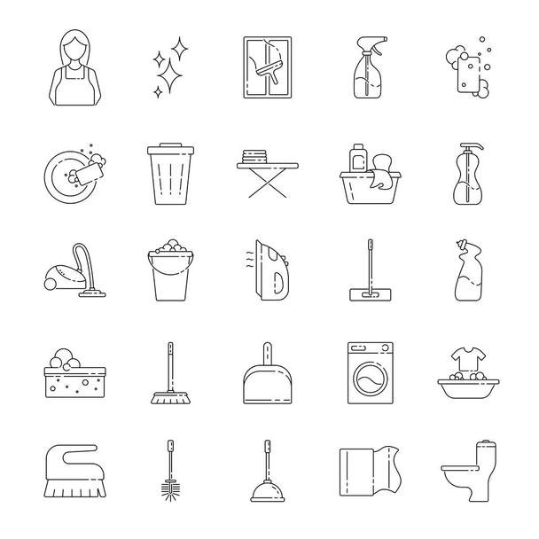 Conjunto de iconos de línea de servicio de limpieza casa. Ilustración vectorial de signos planos en estilo de línea delgada. Concepto de Servicios de limpieza y lavandería - Vector, imagen