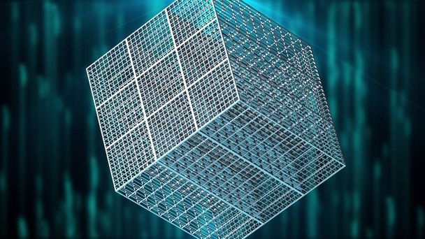 大きな格子立方体は空間で回転する。3Dレンダリング抽象的な複雑な形状。コンピュータによる技術的背景 - 写真・画像