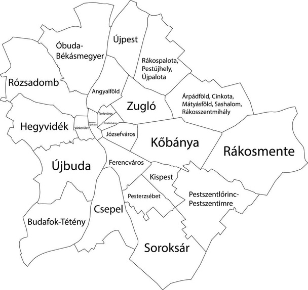 Prosta biała mapa wektorowa z czarnymi granicami i nazwami dzielnic Budapesztu, Węgry - Wektor, obraz