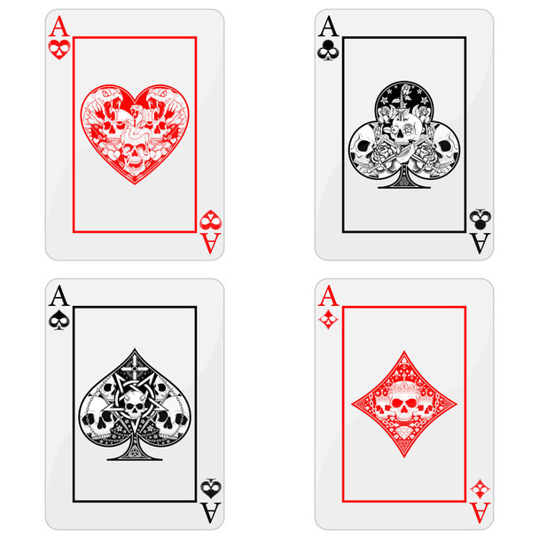 Векторний дизайн покерних карт з черепами, символами серця, алмазу, конюшини та туза з різними стилями, все на білому тлі
. - Вектор, зображення