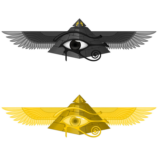 Wektorowa ilustracja skrzydlatej piramidy z okiem horusa, starożytnej piramidy egipskiej ze skrzydłami, skrzydlatej piramidy, oka horusa, krzyża ankh, wszystko na białym tle - Wektor, obraz