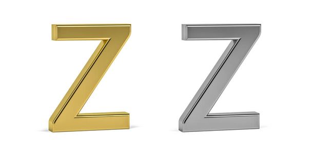 Üç boyutlu Z harfi, beyaz zemin üzerinde iki tip materyal - altın, alüminyum - 3d render - Fotoğraf, Görsel