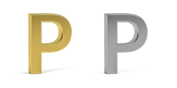 Háromdimenziós betű P készült kétféle anyagok - arany, alumínium - fehér alapon - 3d render - Fotó, kép