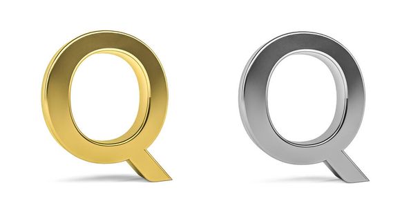 Trójwymiarowa litera Q wykonana z dwóch rodzajów materiałów - złota, aluminium - na białym tle - renderowanie 3d - Zdjęcie, obraz