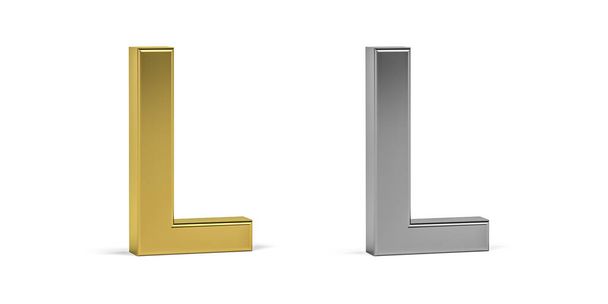 Carta tridimensional L feita em dois tipos de materiais - ouro, alumínio - sobre fundo branco - renderização 3d - Foto, Imagem
