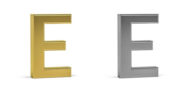 Trojrozměrné písmeno E vyrobené ze dvou druhů materiálů - zlata, hliníku - na bílém pozadí - 3d vykreslení - Fotografie, Obrázek