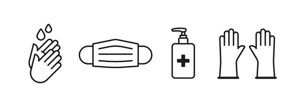 Prevention coronavirus outline black icon set. Hand washing, medical facial mask, hand sanitizer dispenser and disposable gloves. Covid-19. Vector illustration, flat design - Vector, Image