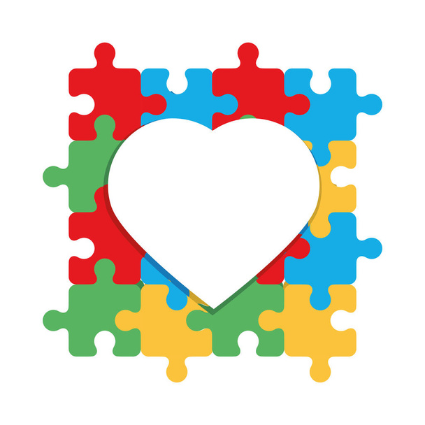 monde autisme jour coeur sur coloré puzzles pièces fond blanc - Vecteur, image