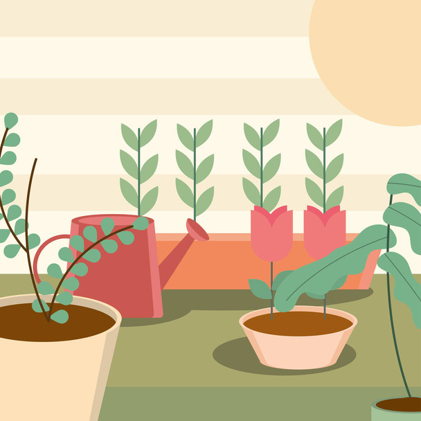 gardening potted plants flowers watering can - Vector, Image