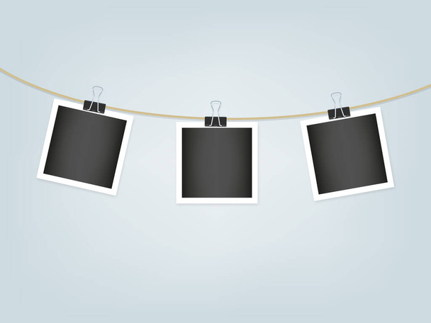 Cadres photo suspendus à une corde avec trombones. Bordure texturée blanche. Illustration vectorielle, design plat - Vecteur, image
