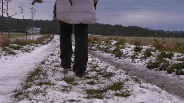 Női túrázó séta masszív ösvényen hóesés után - Felvétel, videó