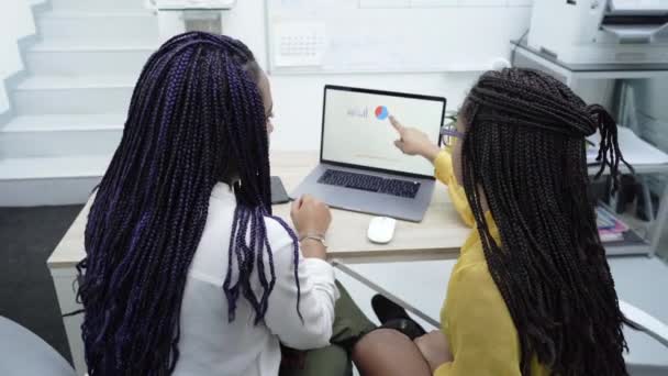 Twee jonge zwarte vrouwen die op kantoor werken. Herziening van de analytische gegevens over verschillende elektronische apparaten. - Video