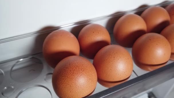 Uova di pollo in primo piano disposte in frigorifero - Filmati, video
