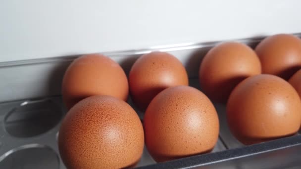 ovos de galinha close-up colocados na geladeira - Filmagem, Vídeo
