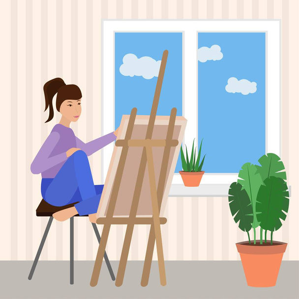 joven hermosa chica dibuja sobre lienzo en caballete, simple ilustración vector plano - Vector, Imagen
