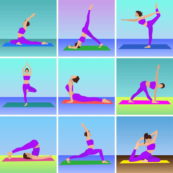 Mujer joven haciendo yoga en la estera colorida, asana, conjunto de ilustración de vector plano simple - Vector, imagen