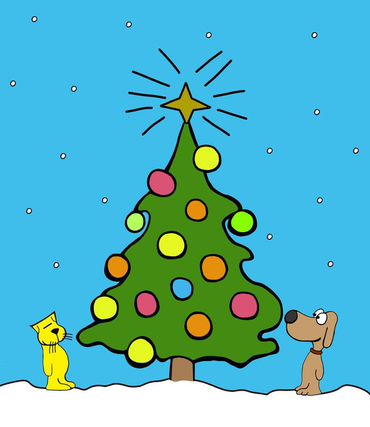 Σκύλος και γάτα φίλοι γιορτάζουν τα Χριστούγεννα γύρω από ένα χριστουγεννιάτικο δέντρο - Φωτογραφία, εικόνα