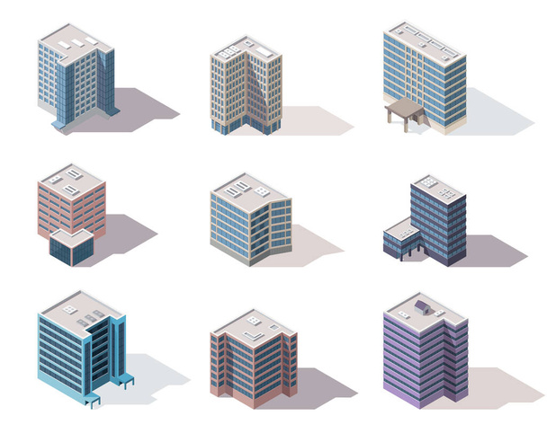 Collection isometric offices. Town apartment building city map creation with street and cars. Architectural vector 3d illustrations. Infographic elements. City house compositions - Vector, Image