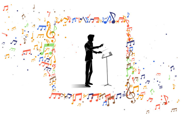Silhouette vectorielle du chef debout avec note de musique volante. Contexte conceptuel pour le concert d'orchestre et les loisirs. - Vecteur, image