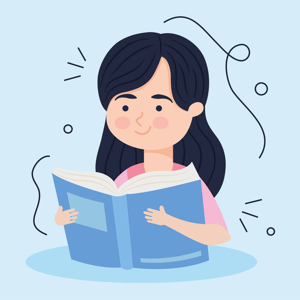cartoon gelukkig meisje het lezen van een boek, kleurrijk ontwerp - Vector, afbeelding