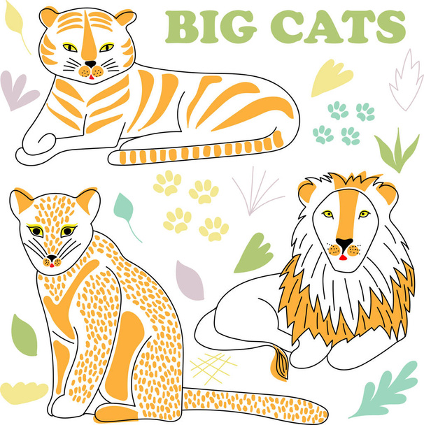Tiger, leopard, lion and simple plants in hand drawing doodle style. Cute big cats vector graphic illustration for children posters, postcards, textile - Vector, Image