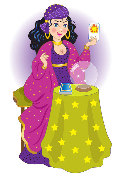 Smiling fortune teller with tarot standing with small table and crystal ball - Vector, Image