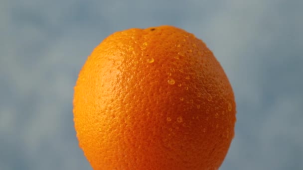 primo piano di frutta fresca matura girevole arancione con gocce d'acqua zoom in - Filmati, video
