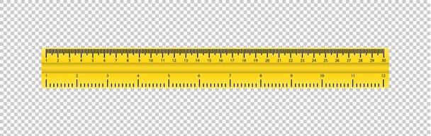 Realisztikus műanyag sárga szalag vonalzó átlátszó háttérrel. Kétoldalas mérés cm-ben és hüvelykben. - Vektor, kép