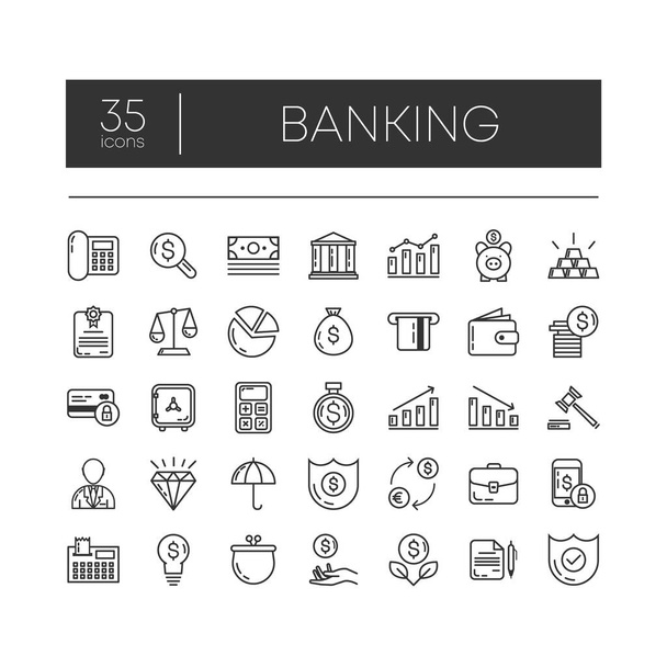 Modern kavramlar, web ve beyaz arka planda uygulamalar için 35 satır bankacılık simgesi. Vektör illüstrasyonu. - Vektör, Görsel