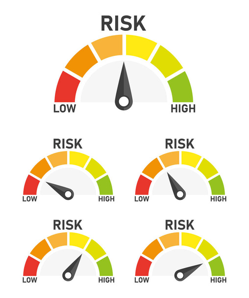 Set risk speedometer icon or sign of different colors with black arrow. Vector illustration. - Vector, Image