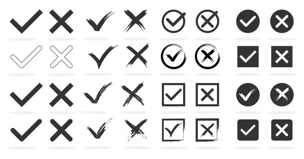 Große Reihe von Zecken- und Kreuzzeichen. Markieren Sie OK und KEIN Symbol mit unterschiedlichem Design auf weißem Hintergrund. Einfache Marken Grafik-Design. Vektorillustration. - Vektor, Bild
