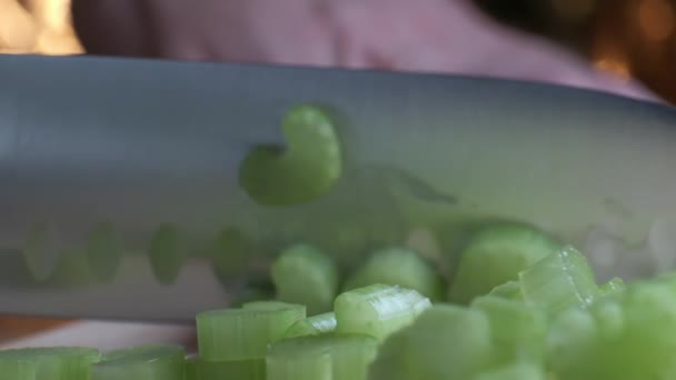 Řezání celer pomocí kuchyňského nože na dřevěné desce, Čerstvý zdravý celer pro stravování a vaření z ekologické farmy. - Záběry, video