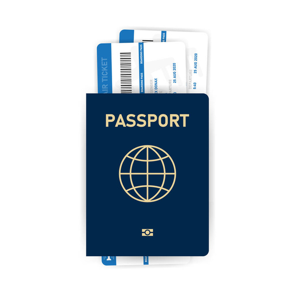 Ρεαλιστικό μπλε διαβατήριο πρότυπο και αεροπορικά εισιτήρια σε αυτό σε λευκό φόντο. Έγγραφο για ταξίδια και μετανάστευση. Εικονογράφηση διανύσματος - Διάνυσμα, εικόνα