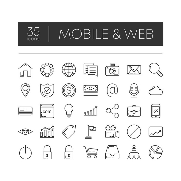 Набор 35 линейных иконок мобильной связи и интернета для современных концепций, веб и приложений на белом фоне. Векторная иллюстрация. - Вектор,изображение