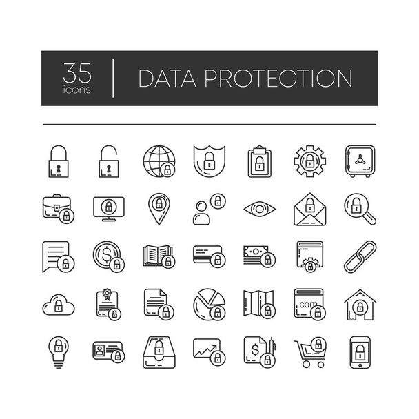 Zestaw 35 liniowych ikon ochrony danych dla nowoczesnych koncepcji, sieci i aplikacji na białym tle. Ilustracja wektora. - Wektor, obraz