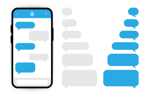 Μεγάλο σύνολο smartphone με κοινωνική συνομιλία δικτύου και μπλε φυσαλίδες ομιλίας σε λευκό φόντο. Εικονογράφηση διανύσματος. - Διάνυσμα, εικόνα