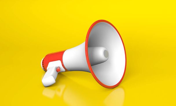 Red megaphone loudspeaker on yellow background. 3d render - Photo, Image