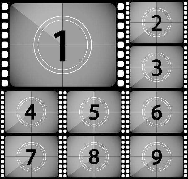 Big setzte einen klassischen Film-Countdown-Rahmen auf Nummer eins, zwei, drei, vier, fünf, sechs, sieben, acht und neun. Altmodischer Filmkonter. Vektor - Vektor, Bild