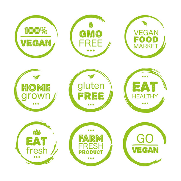 Friss egészséges bio vegán étel készlet lineáris grunge logó címkék és címkék a különböző design és zöld színű. Kézzel húzott vektor - Vektor, kép