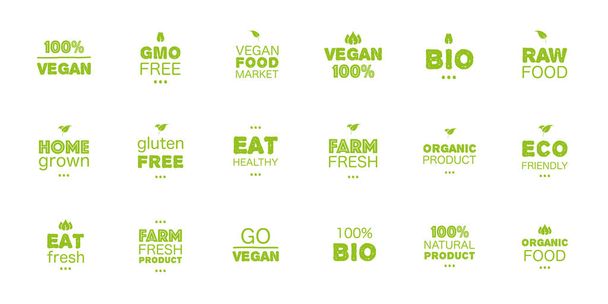 Mega set fresh healthy organic vegan food set grunge ετικέτες λογότυπο και ετικέτες το διαφορετικό σχεδιασμό και το πράσινο χρώμα. Εικονογράφηση διανυσματικών ζωγραφισμένων αντικειμένων. - Διάνυσμα, εικόνα